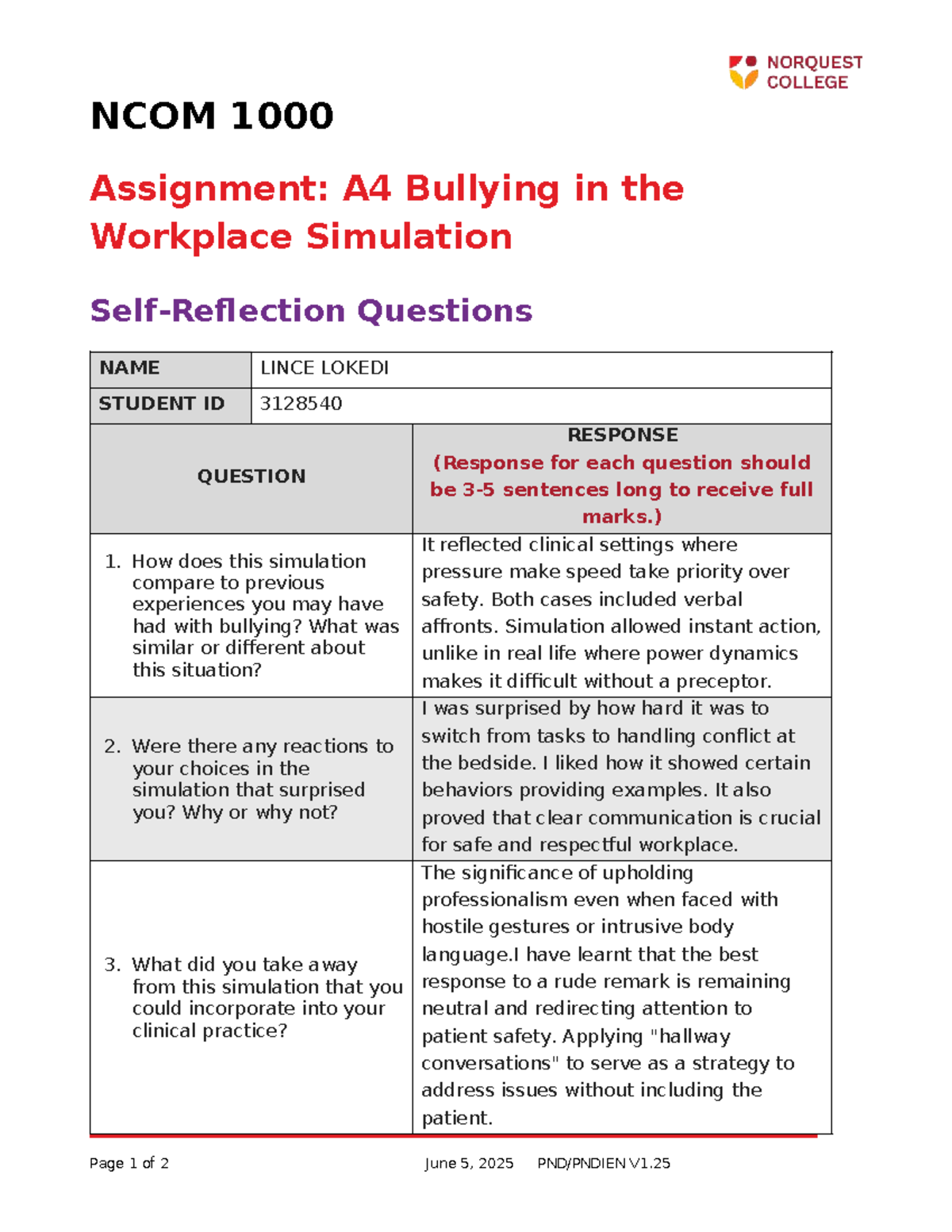 NCOM 1000 A4 - Bullying in the Workplace Simulation Reflection - Studocu