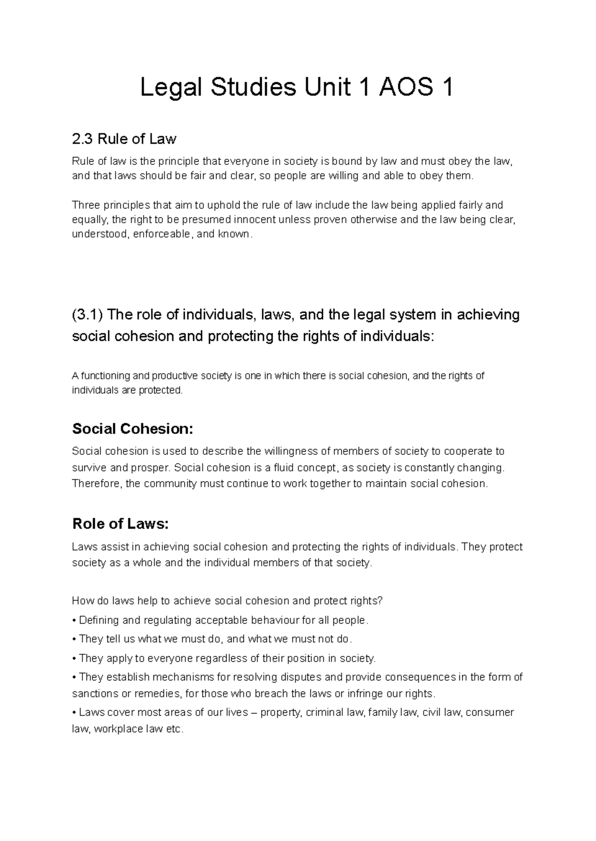 Legal Studies Unit 1 AOS 1: Understanding the Rule of Law and Social ...