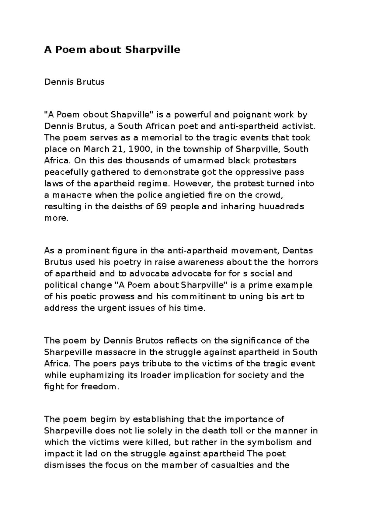 A Poem about Sharpville: A Tribute to the Tragic Past - Studocu