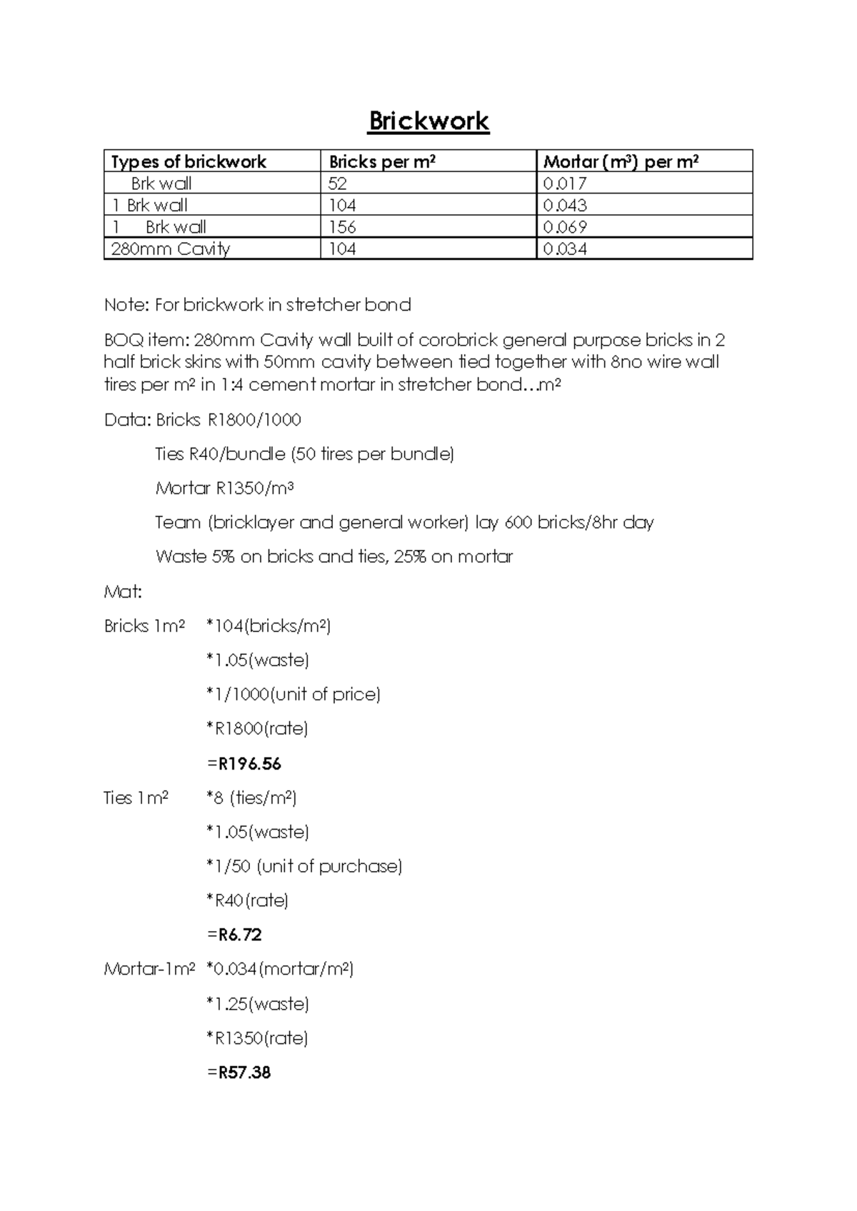 Brickwork Types and Cost Analysis - Notes for Course Code 7 - Studocu