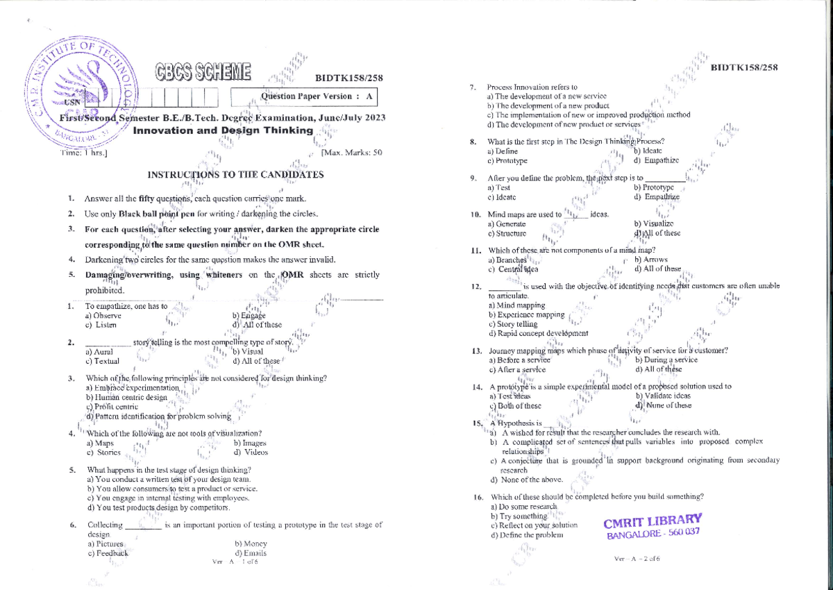 VTU Question Paper BIDTK258 - Innovation and Design Thinking June-July ...