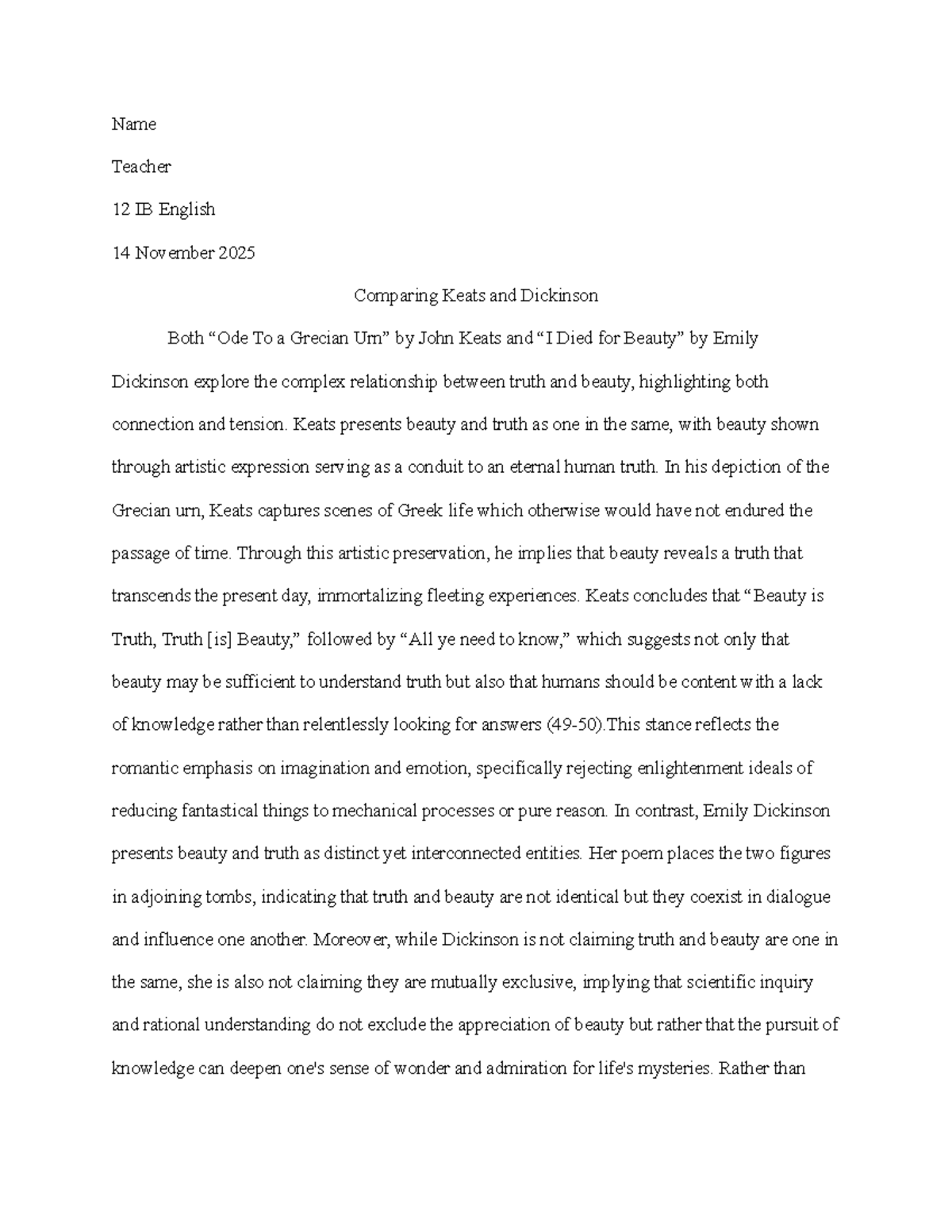 Comparing Truth and Beauty in Keats & Dickinson 12 IB