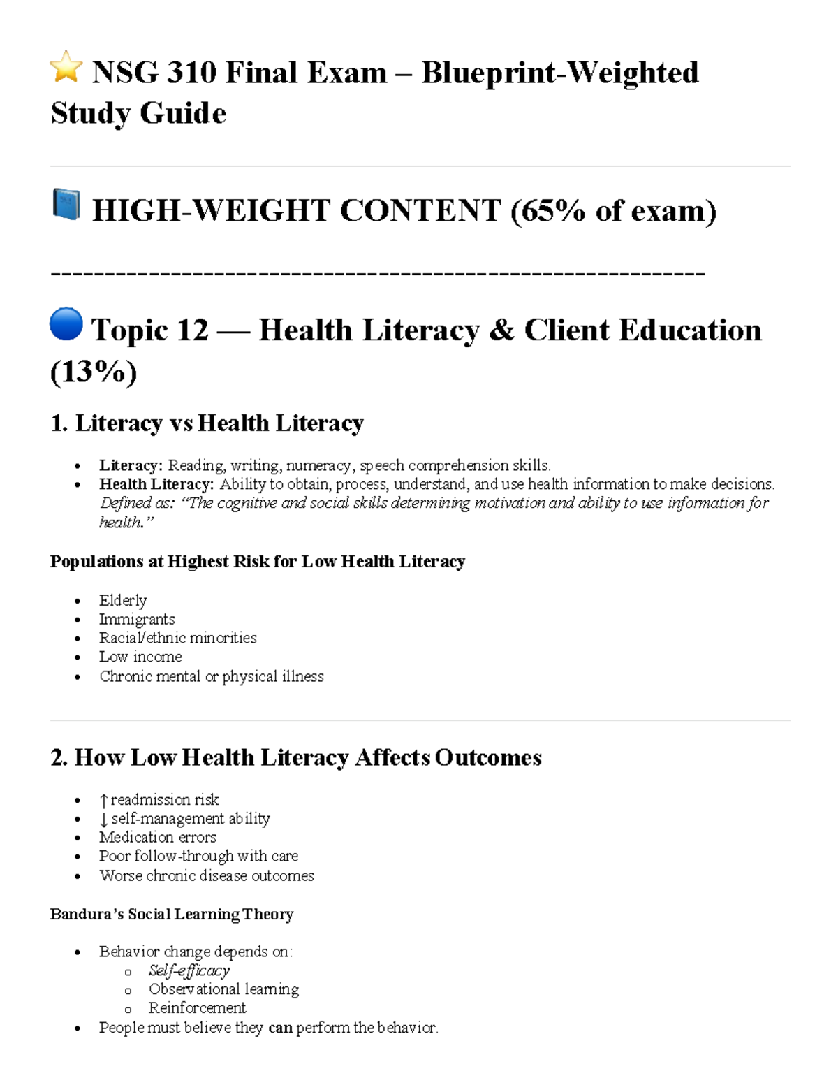 NSG 310 Final Exam Study Guide: Health Literacy & Informatics Insights ...