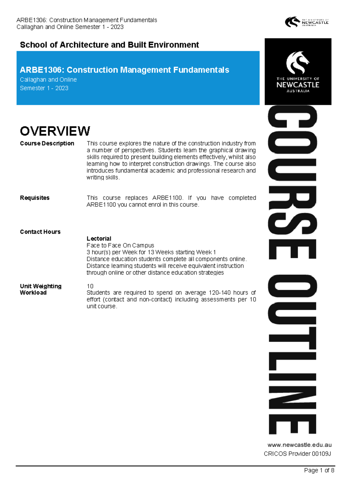 ARBE1306 Course Outline: Construction Management S1 2023 - Studocu