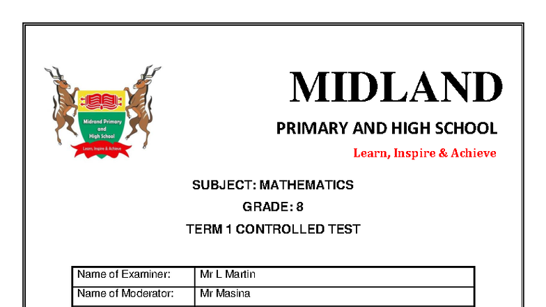 MATHEMATICS GRADE 8 TERM 1 CONTROLLED TEST 2025 - Studocu