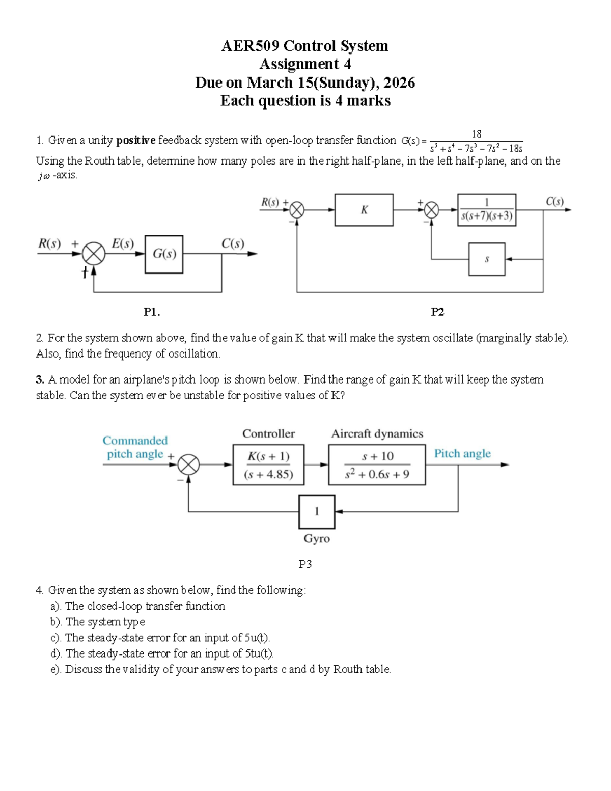 AER509 Control System Assignment 4 Notes - Due Mar 15, 2026 - Studocu