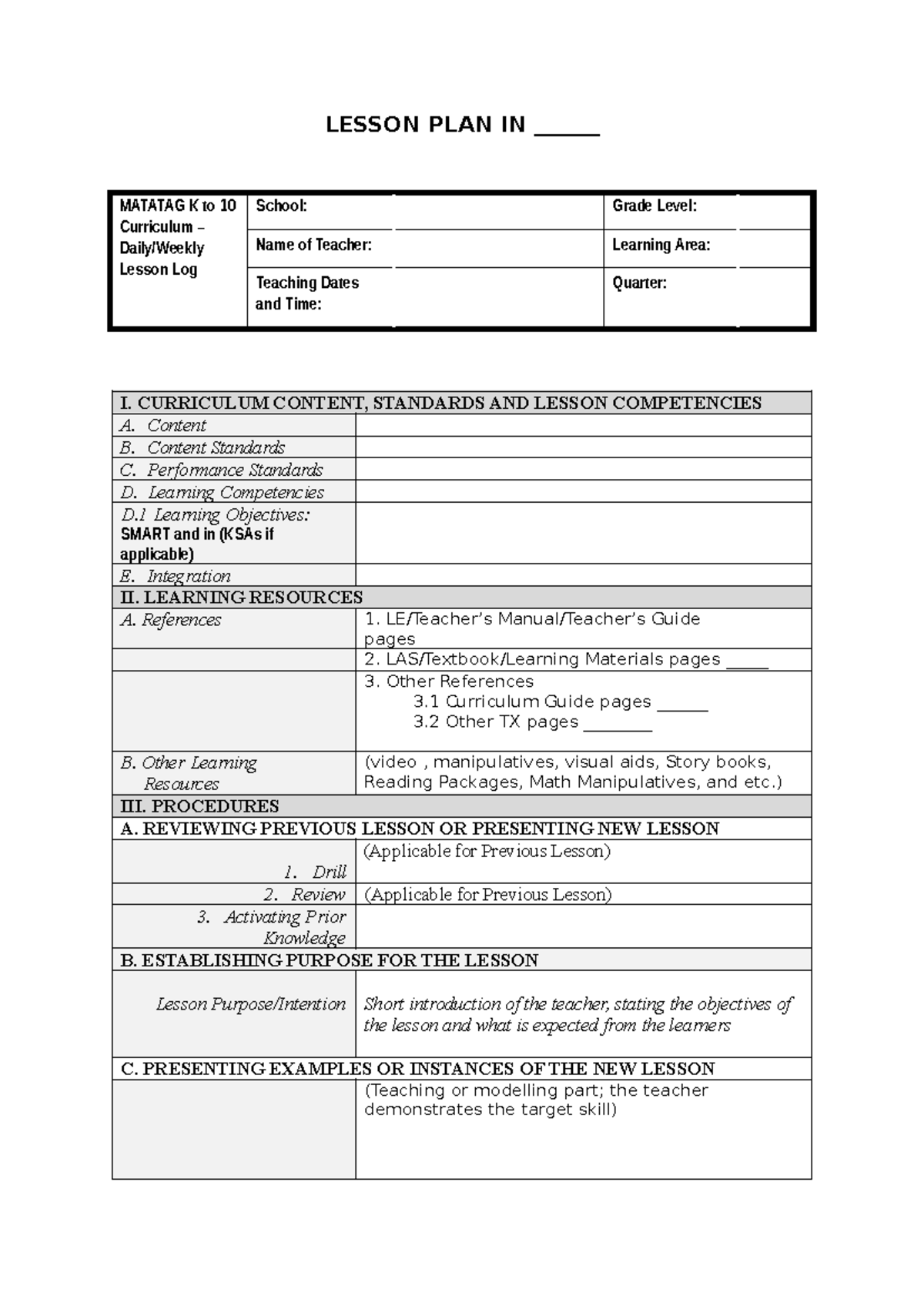 K to 10 Curriculum Lesson Plan for Contextualized Teaching (LP) - Studocu