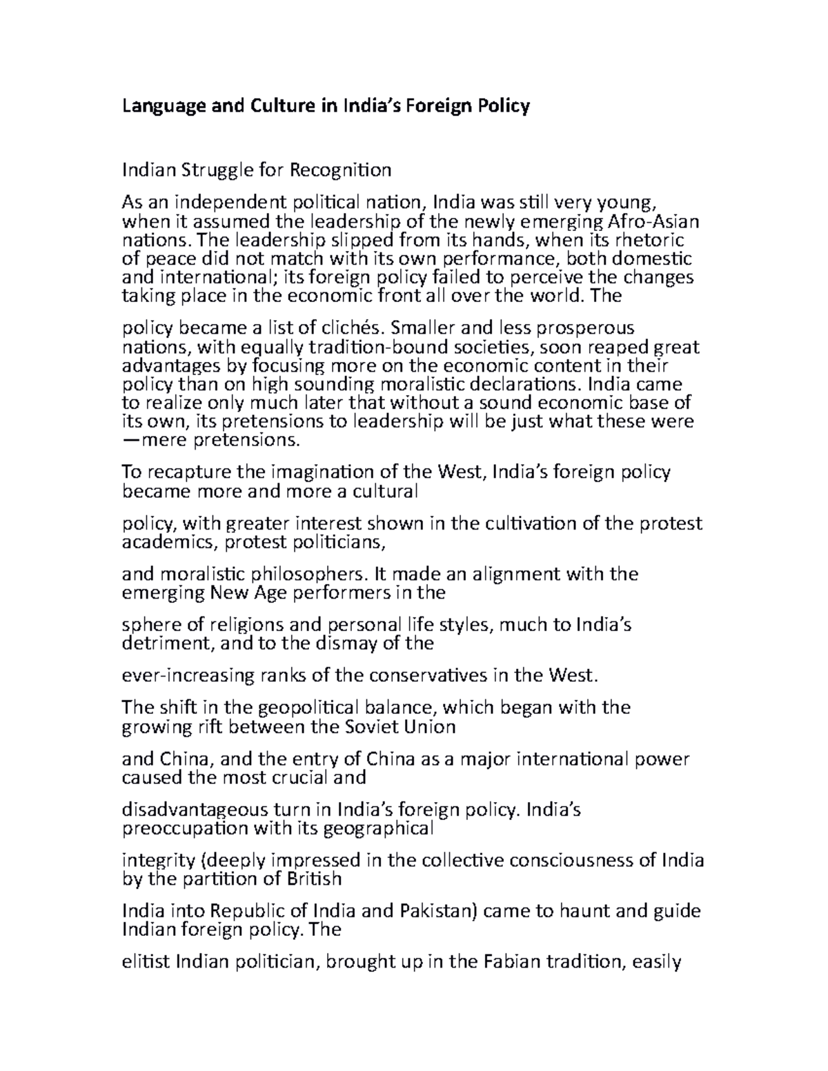 Language and Culture in India’s Foreign Policy notes - Language and ...