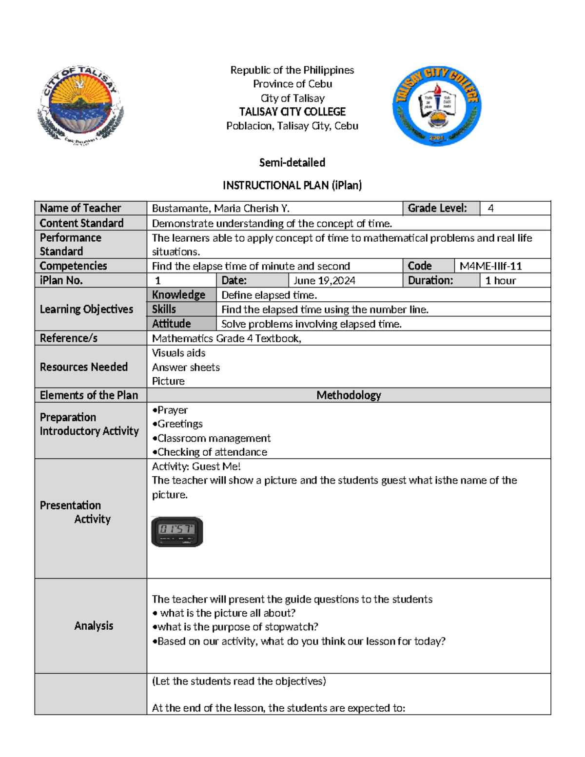 iPlan Math 4: Instructional Plan for Understanding Elapsed Time - Studocu