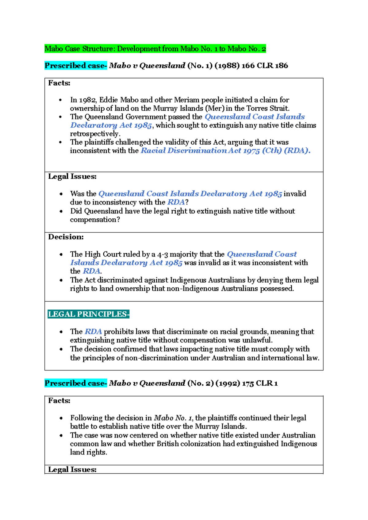 Mabo Cases Review: Mabo No. 1 & No. 2 Analysis and Legal Findings - Studocu