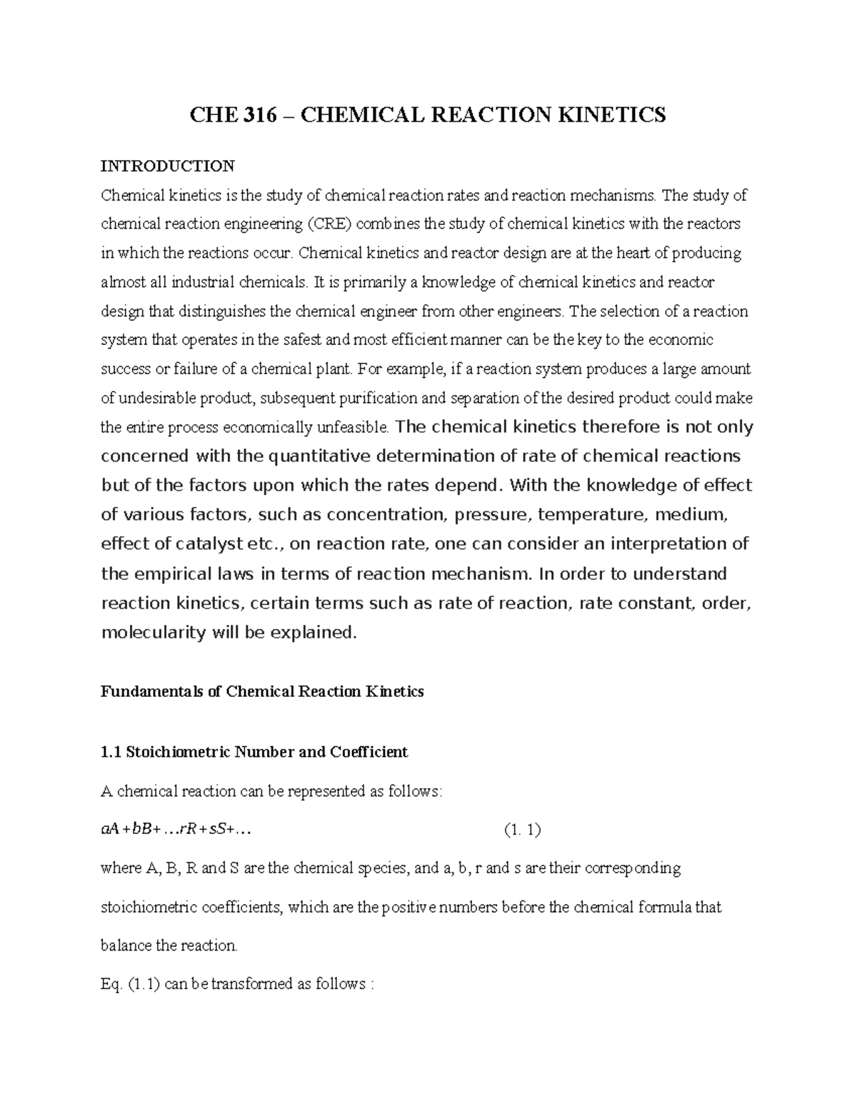 CHE 316 Chemical Reaction Kinetics Lecture Notes - Studocu