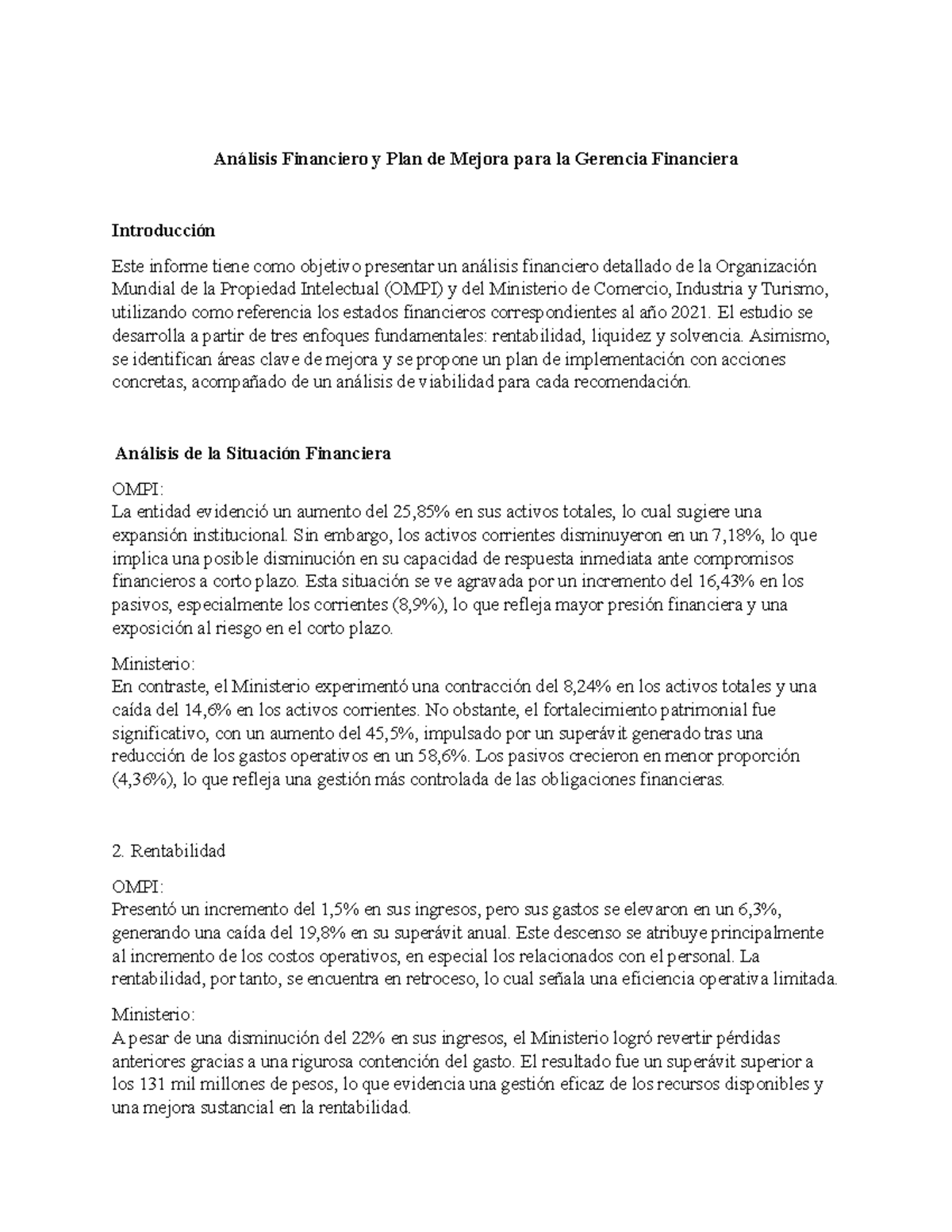 Análisis Financiero y Plan de Mejora para OMPI y Ministerio - Actividad ...
