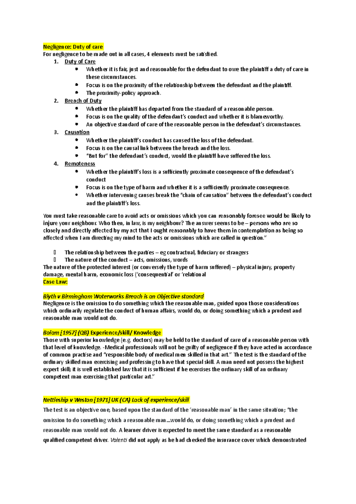 Torts notes for exam - Negligence: Duty of care For negligence to be ...