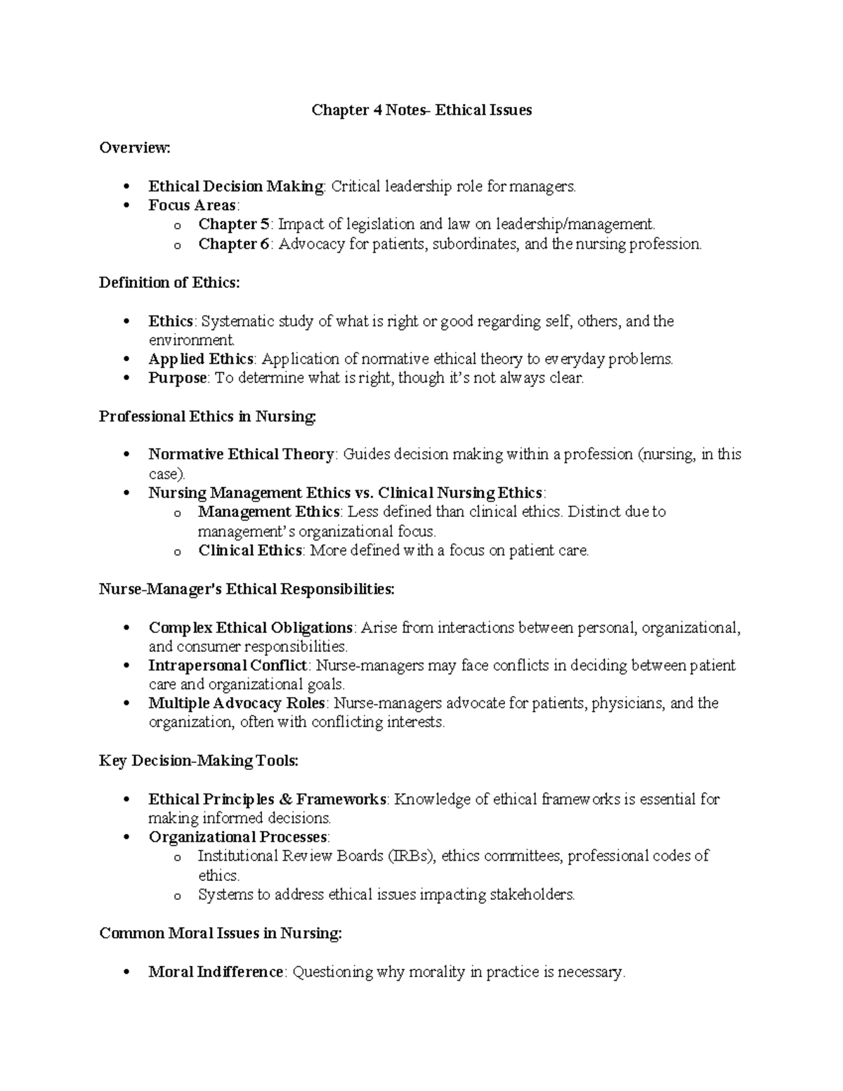 Chapter 4 Notes - Ethical Issues in Nursing Management and Leadership ...