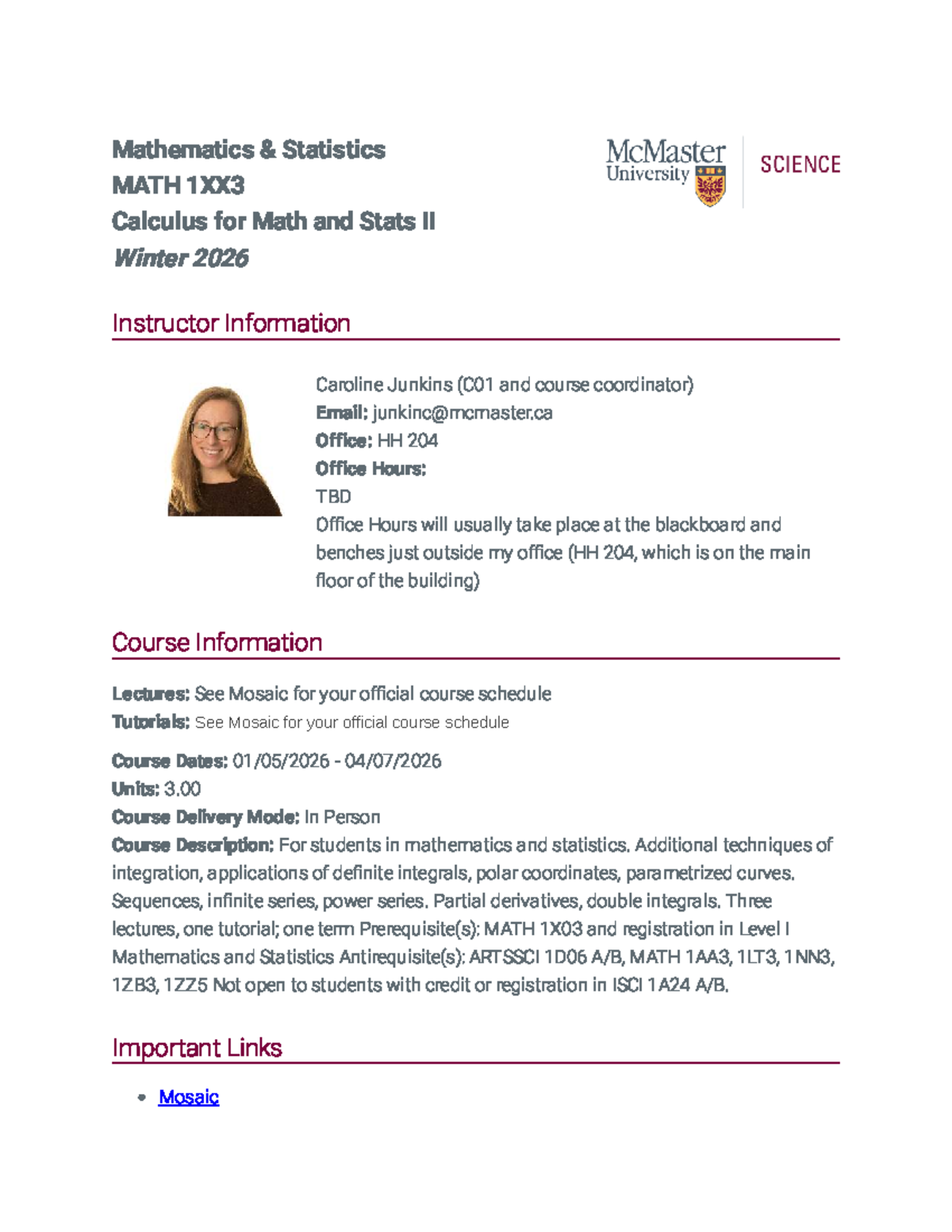 MATH 1XX3 Calculus for Math and Stats II Course Outline Winter 2026 ...