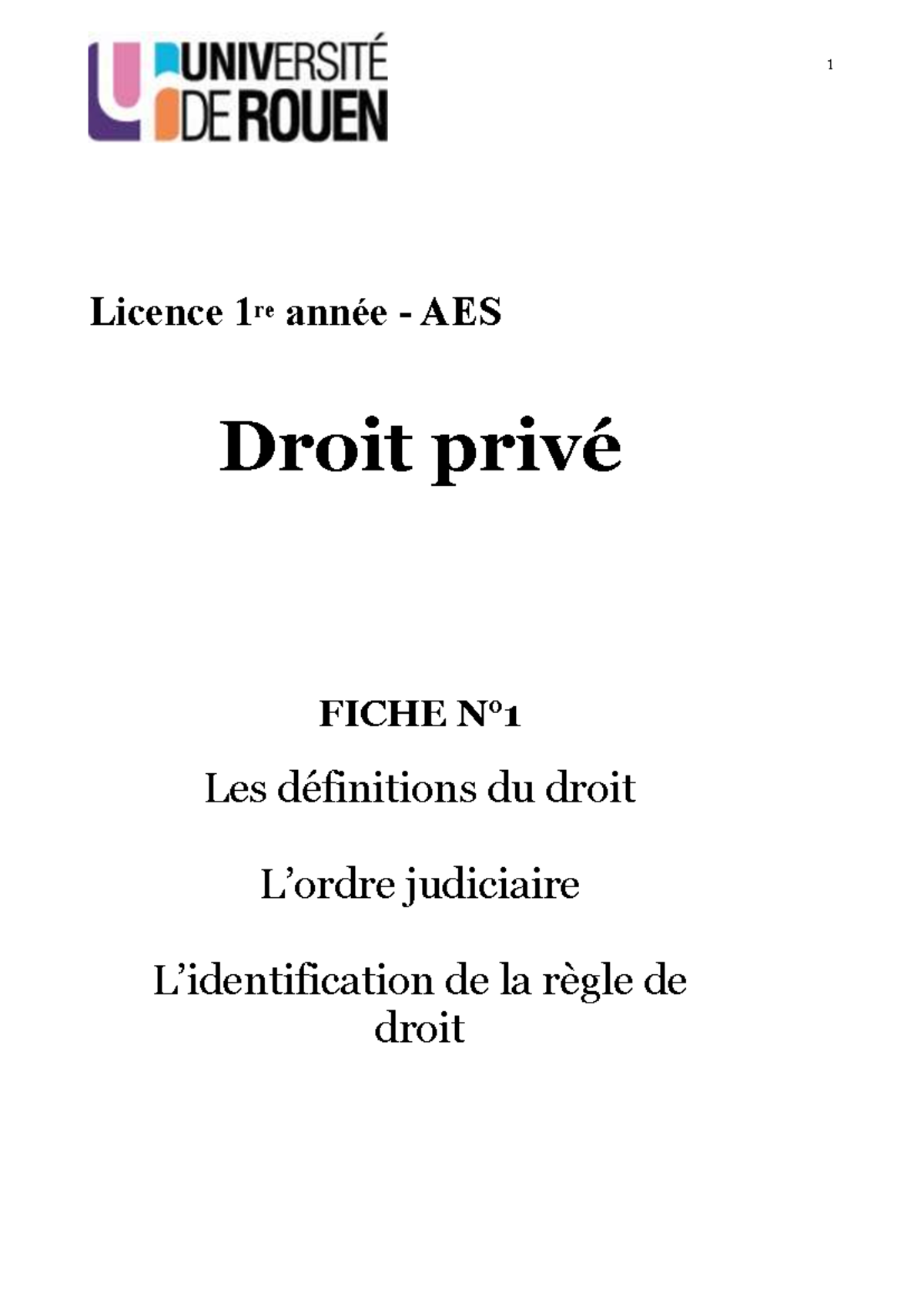 1 Licence 1re année AES Droit privé FICHE TD - Introduction au Droit ...