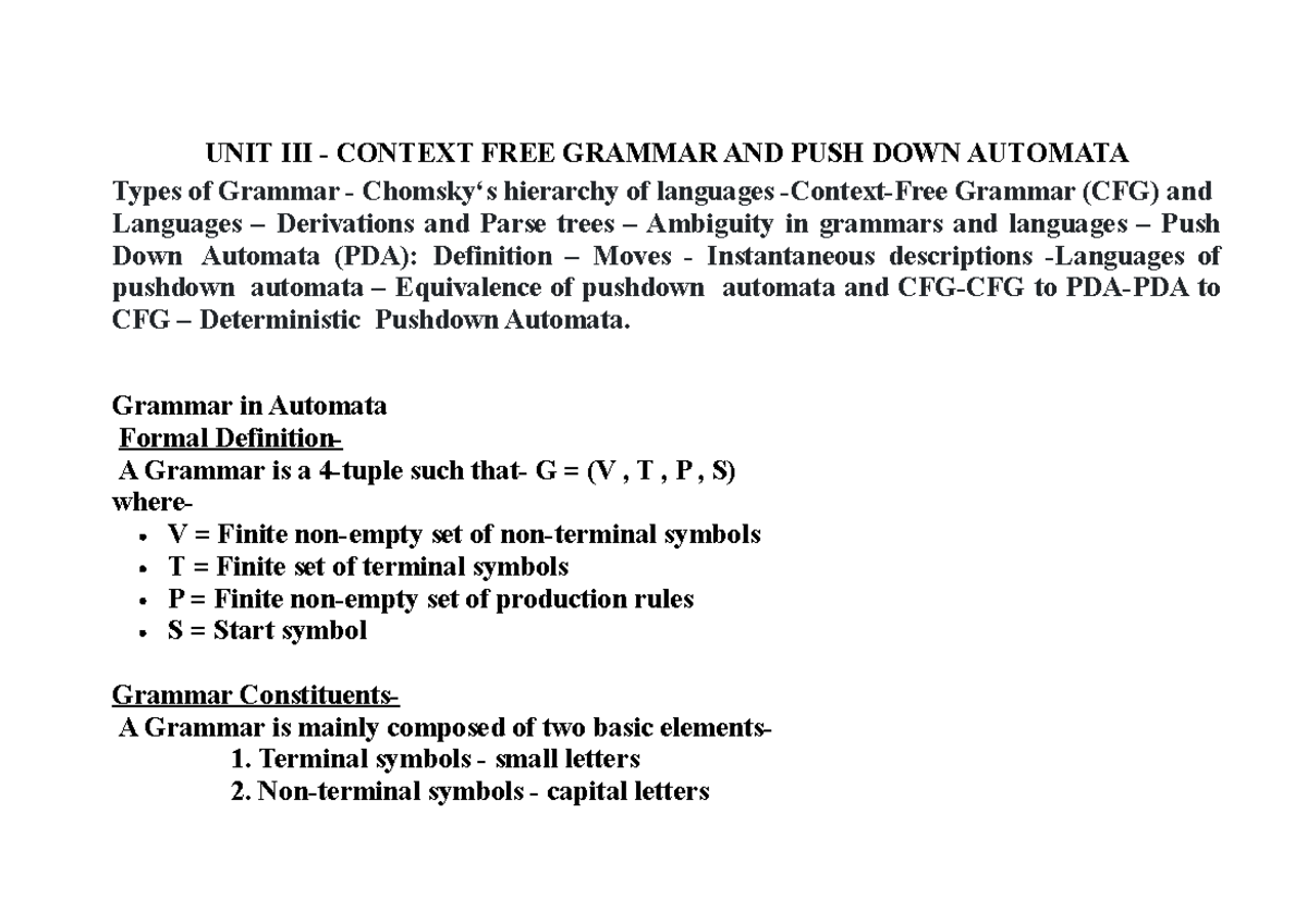 Unit 3: Grammar in Automata - Context-Free Grammar & PDA - Studocu