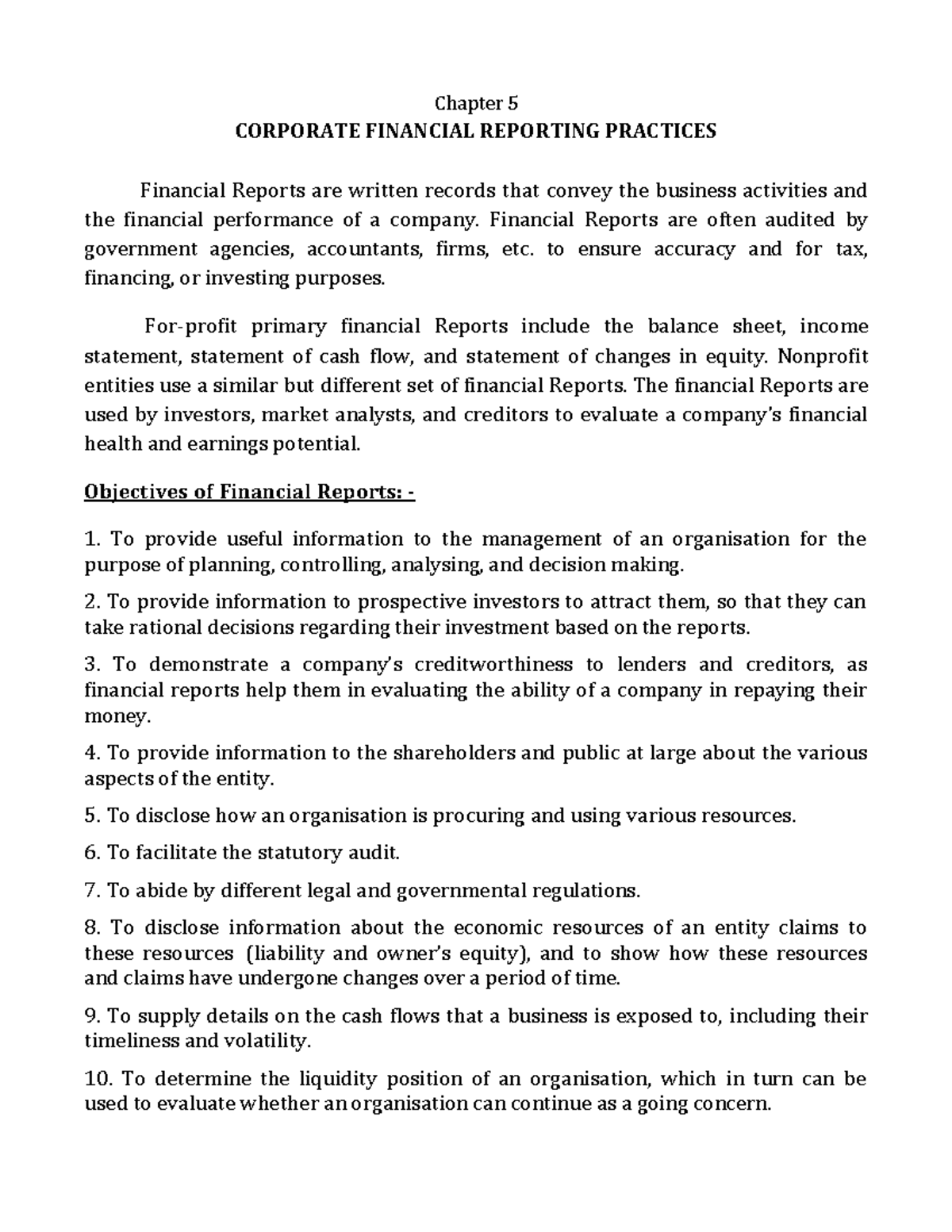 Unit 5: Corporate Financial Reporting Practices Overview and Objectives ...