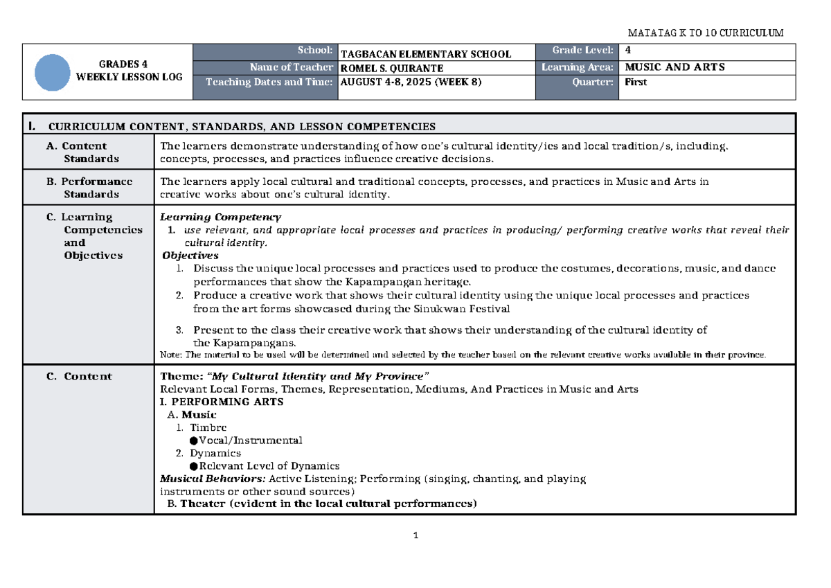 DLL Matatag Music & Arts 4 Q1 Weekly Lesson Log (W8) - Studocu