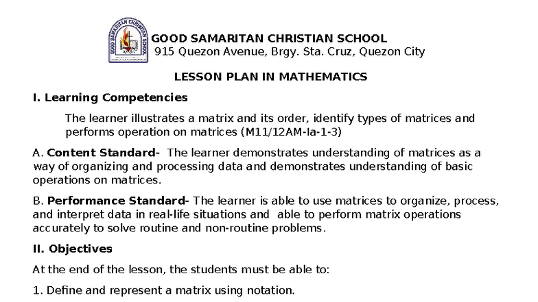 Lesson Plan in Mathematics: Understanding Matrices (MATH 101) - Studocu