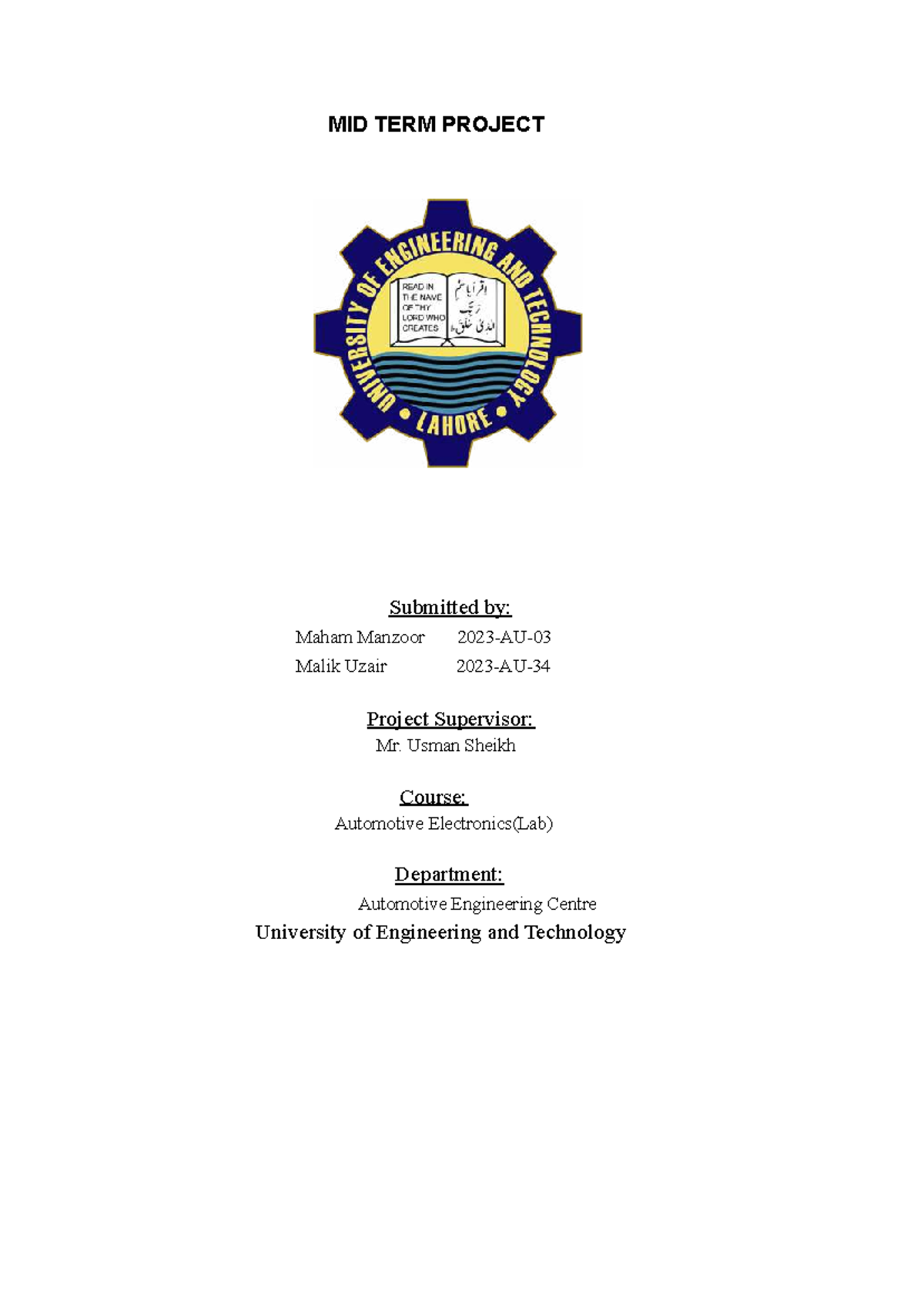 Automotive Electronics (Lab) Midterm Project Report by Maham Manzoor ...