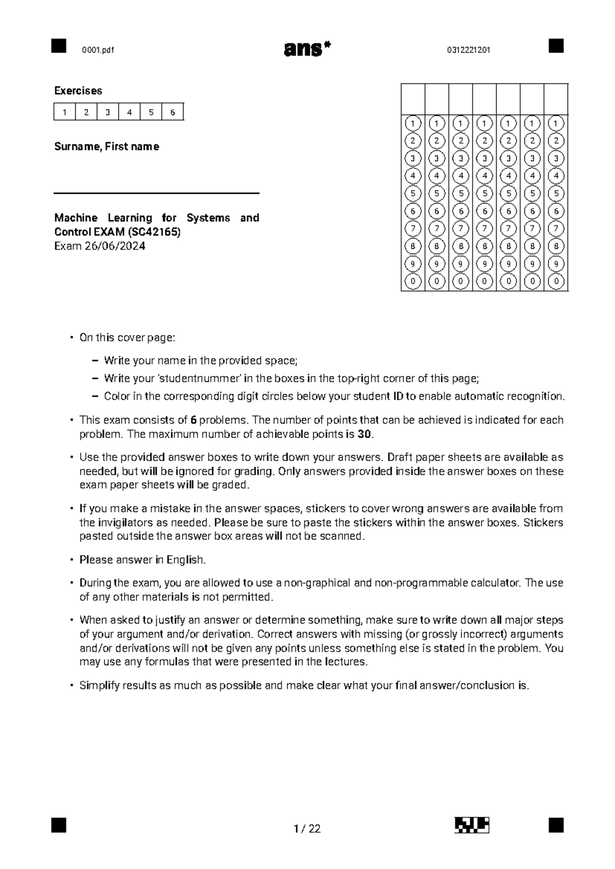 SC42165 Final Exam June 2024 - Machine Learning Exam Exercises ...