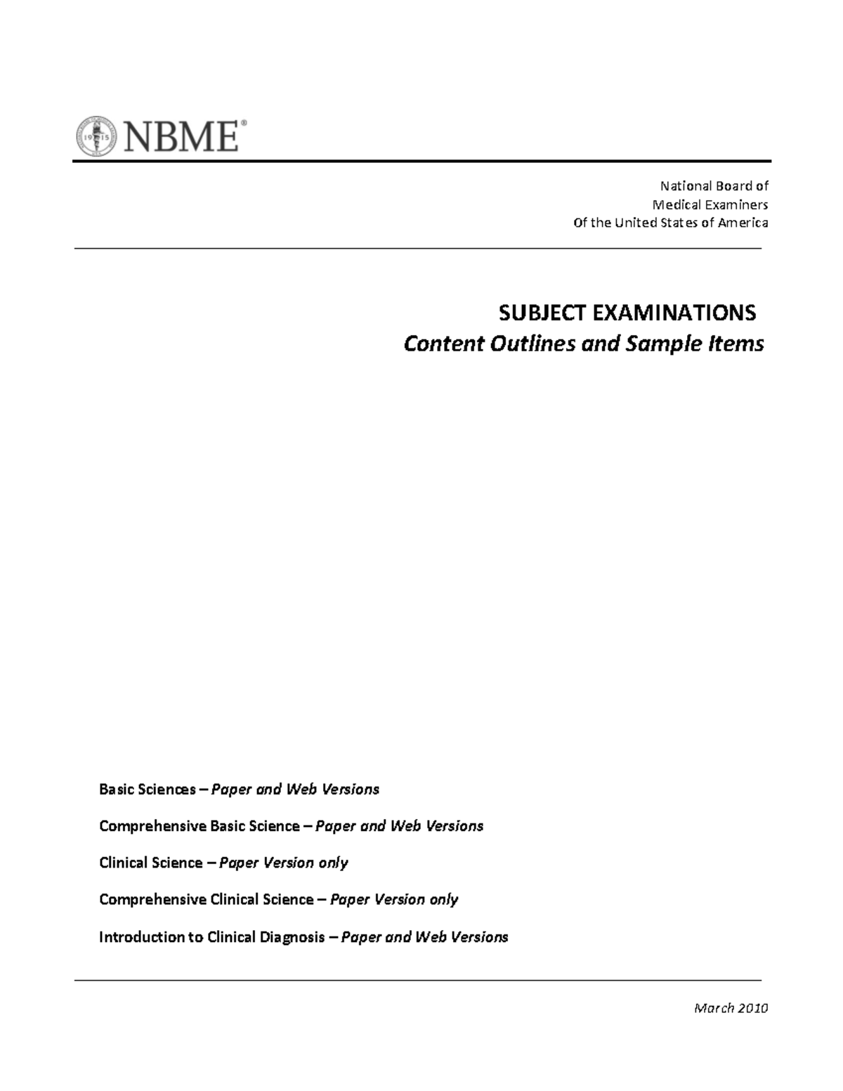 NBME 2010 Subject Exams: Comprehensive Review and Sample Items - Studocu