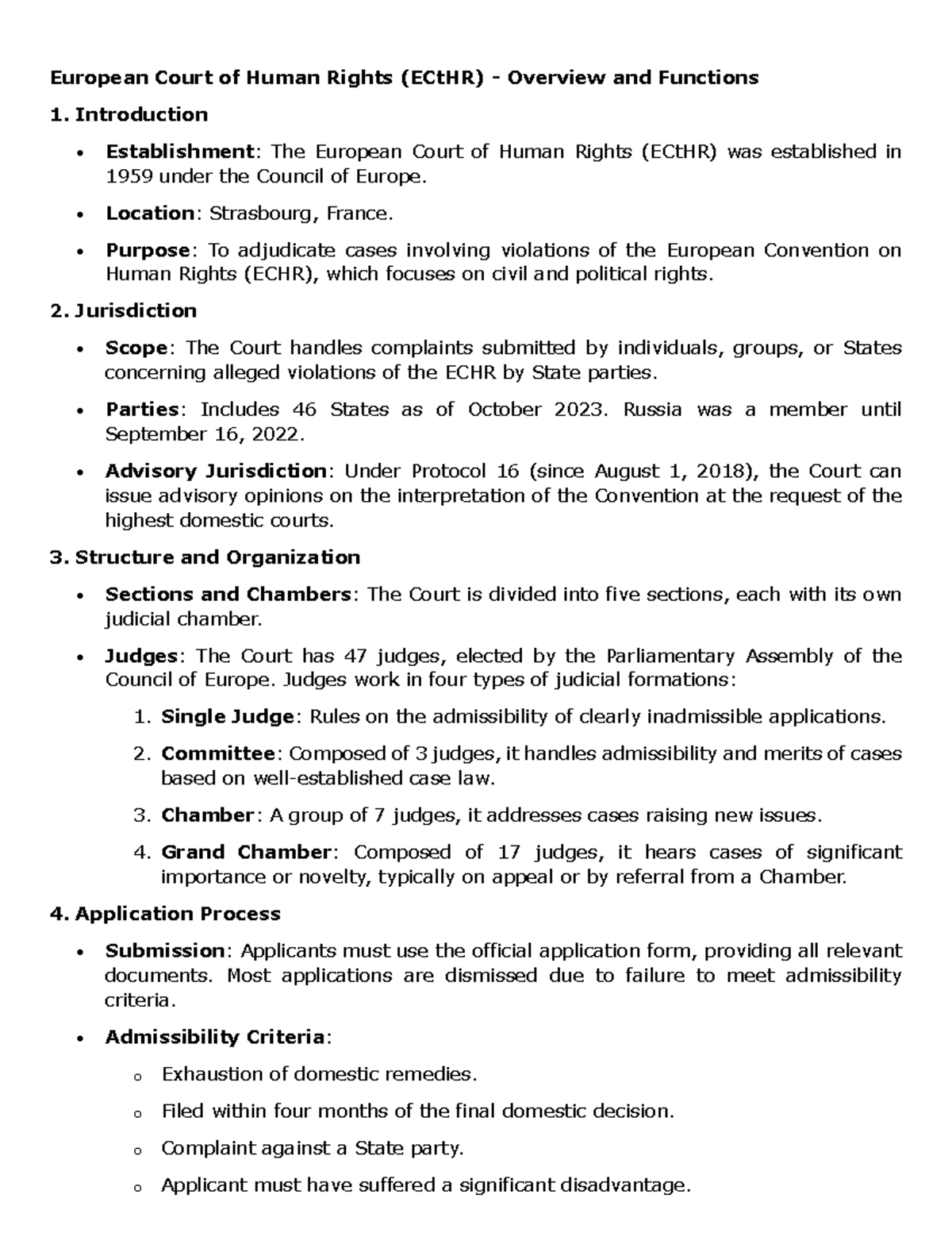 Overview of the European Court of Human Rights (ECtHR) Functions - Studocu