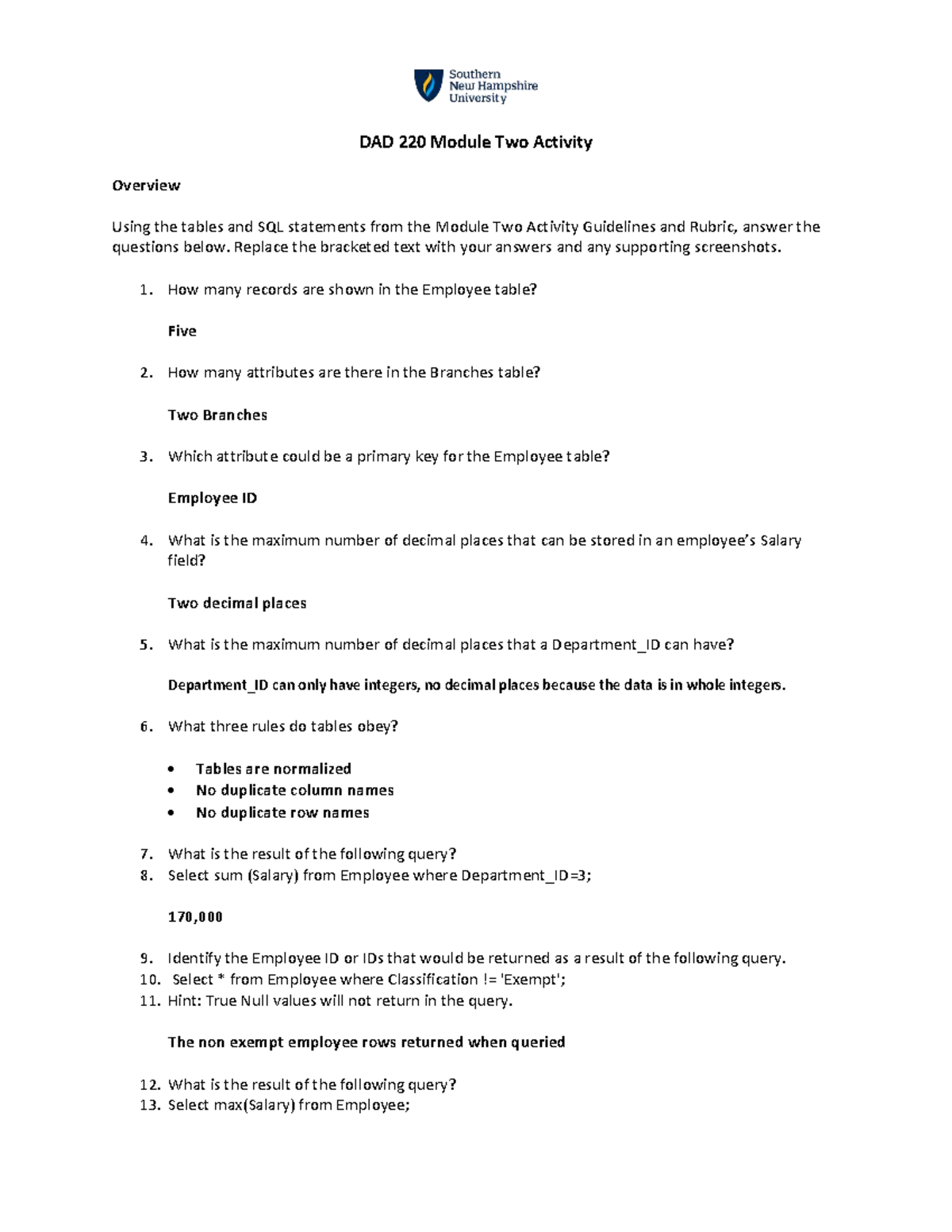DAD 220 Module 2-3 Activity Overview and SQL Query Responses - Studocu
