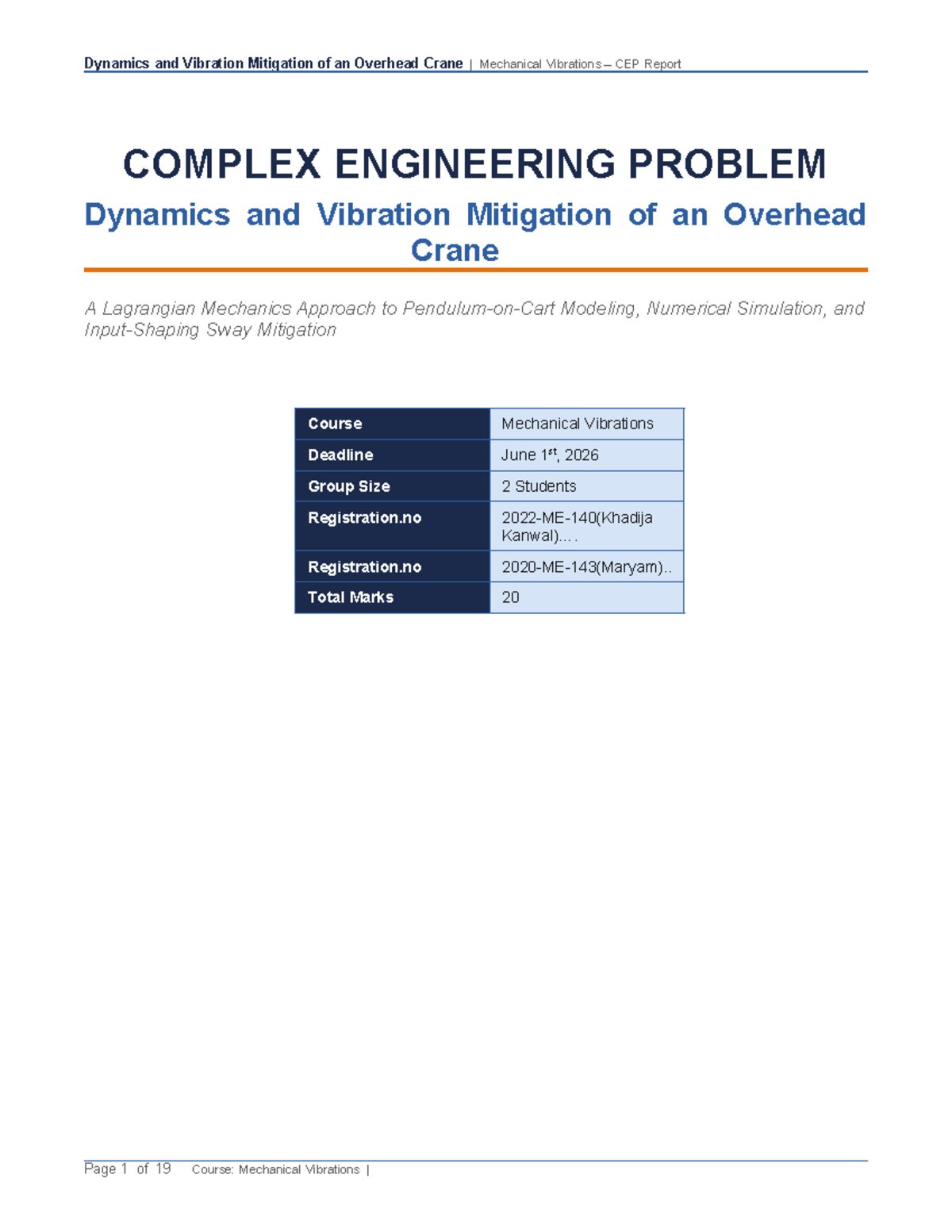 Dynamics and Vibration Mitigation of Overhead Crane: CEP Report (ME-140 ...