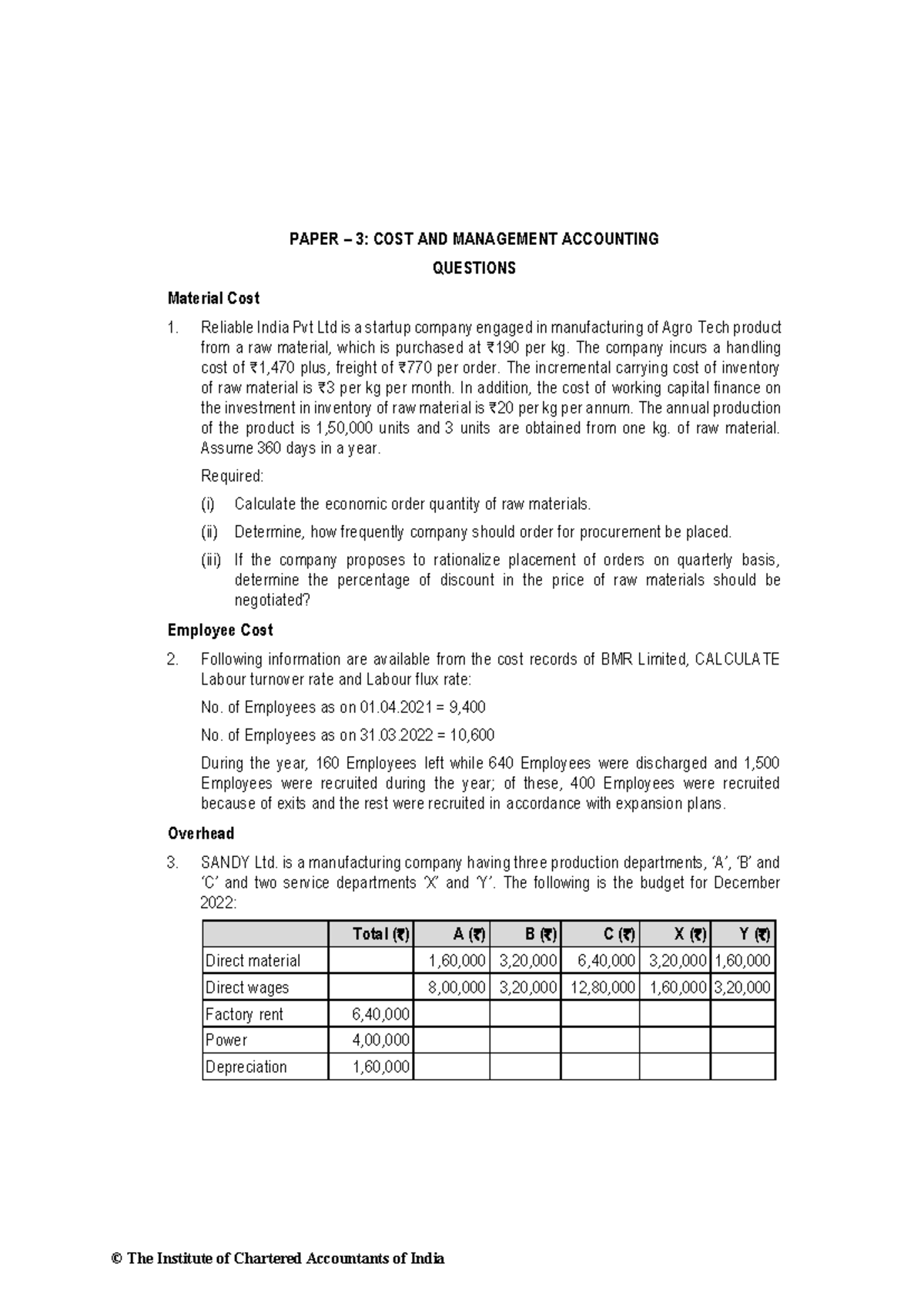 CMA 73148: Final Exam Paper 3 on Cost & Management Accounting - Studocu