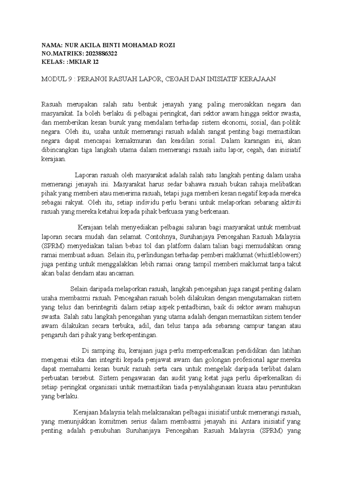 MKIAR 12: Modul 9 - Memerangi Rasuah: Lapor, Cegah & Inisiatif - Studocu