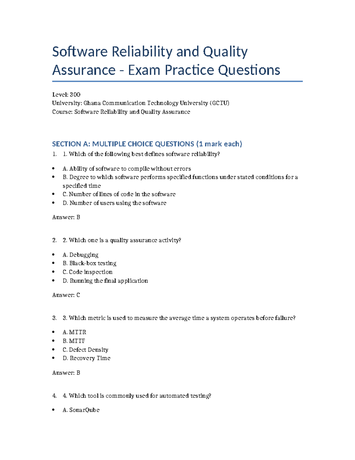 Software Reliability & Quality Assurance Exam Practice Questions - GCTU ...