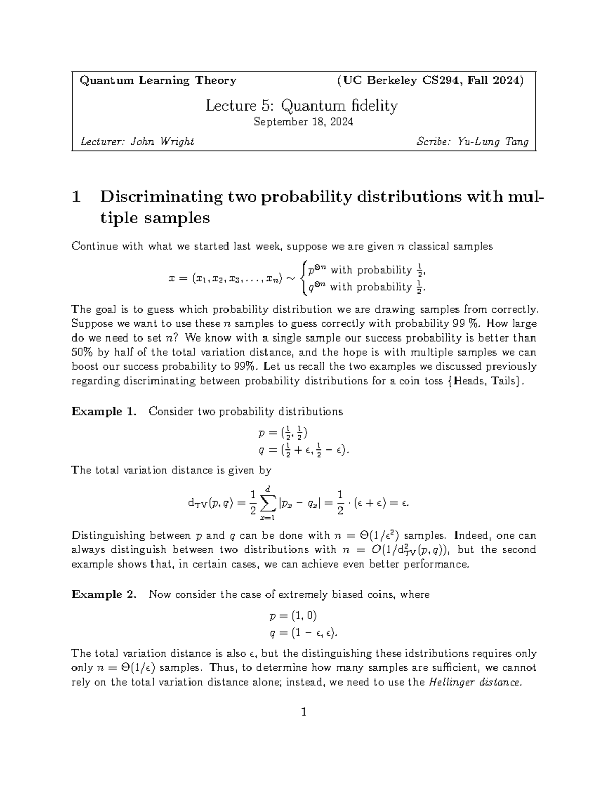 Quantum Learning Theory (UC Berkeley CS294, Fall 2024) Lecture 5 ...