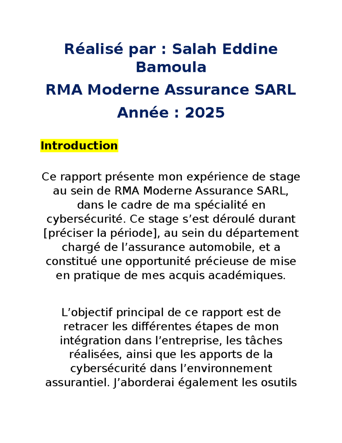 Rapport De Stage En Cybers curit RMA Moderne Assurance SARL 2025 