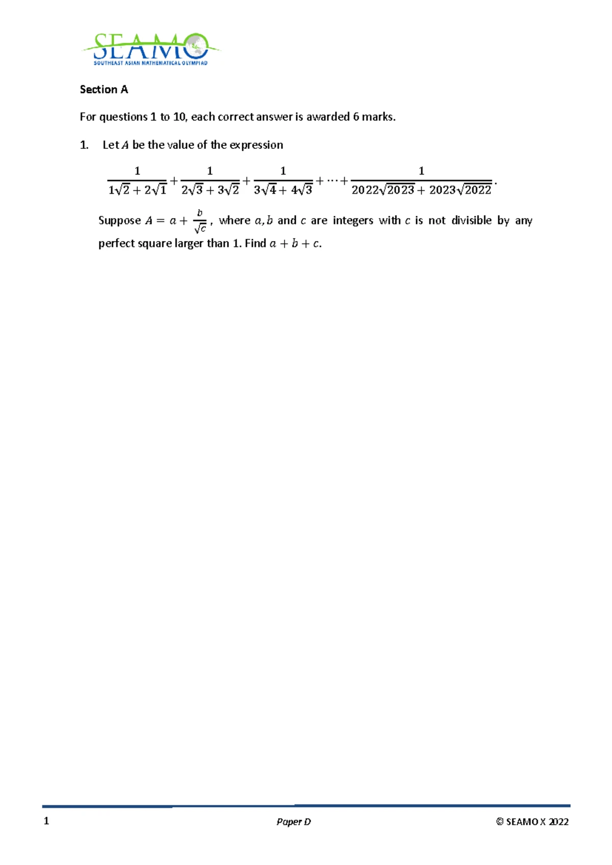 Seamo X Paper D 2020 WITH Answers - 1 Paper D © SEAMO X 2020 Section A ...