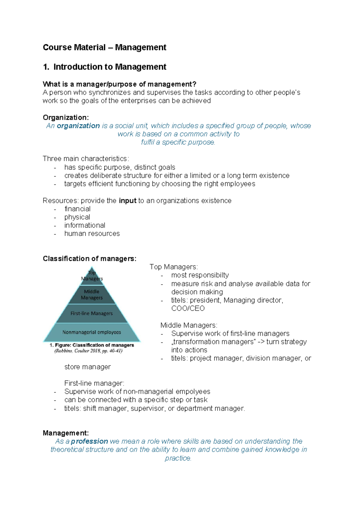 Course Material Summary: Introduction to Management (MGT101) - Studocu