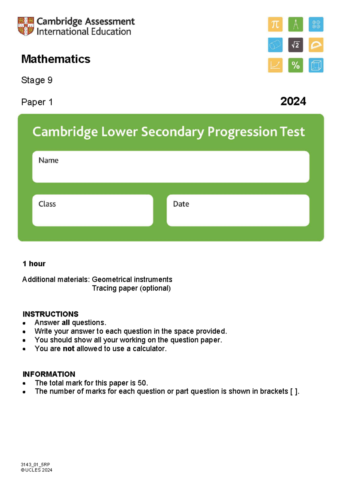 2024 S9 P1 - Mathematics Practice Paper for Stage 9 - Studocu