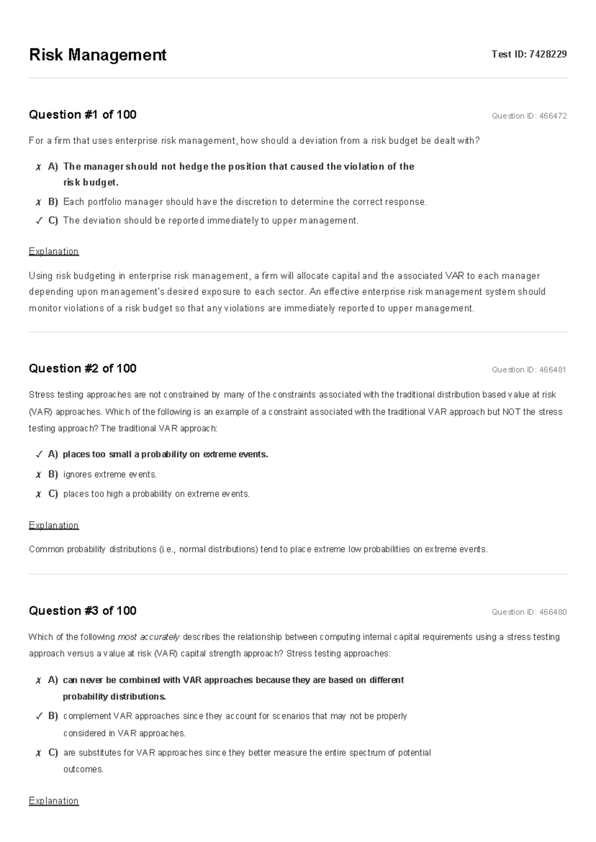 Risk Management Test ID: 7428229 - Questions 1 to 100 Overview - Studocu