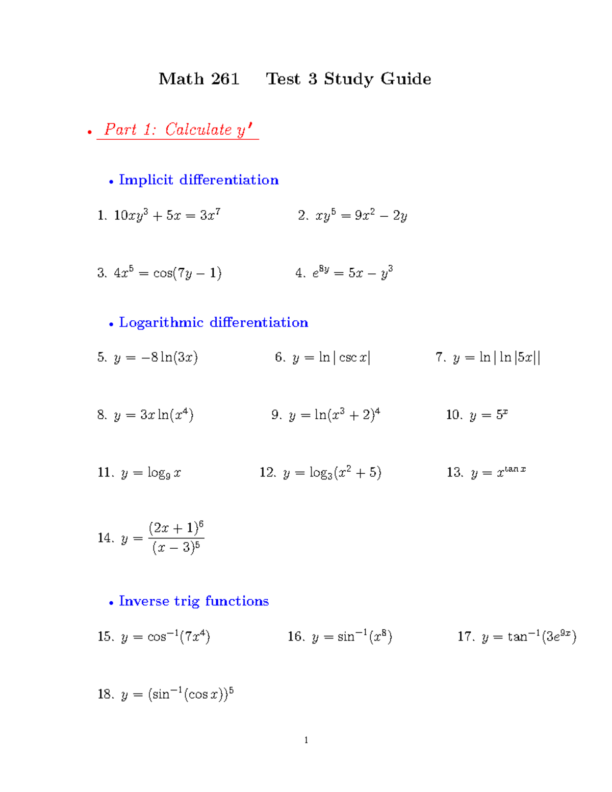 Math 261 Test 3 Study Guide: Implicit & Logarithmic Differentiation ...