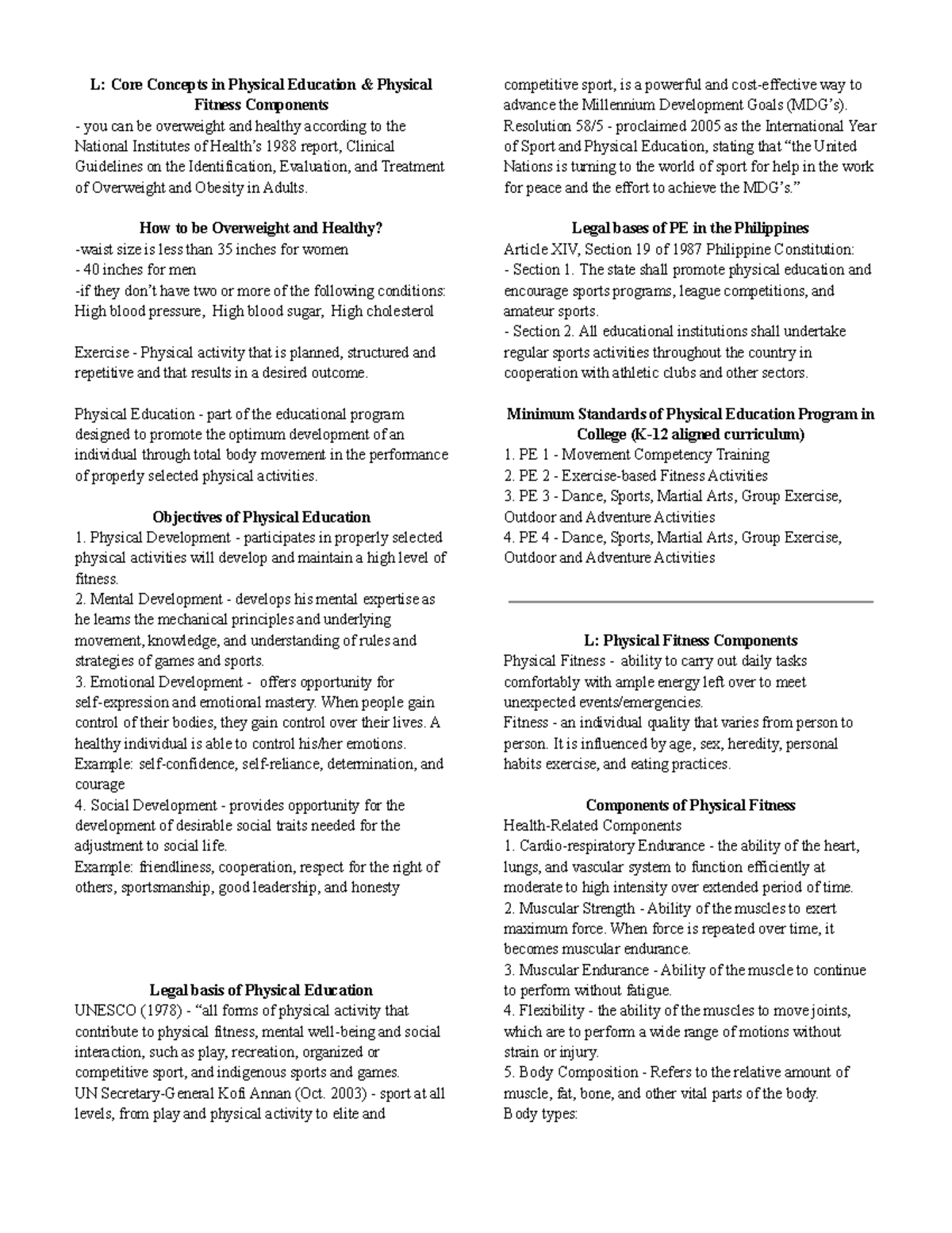 Physical Education and Health notes from 1st Semester - L: Core ...