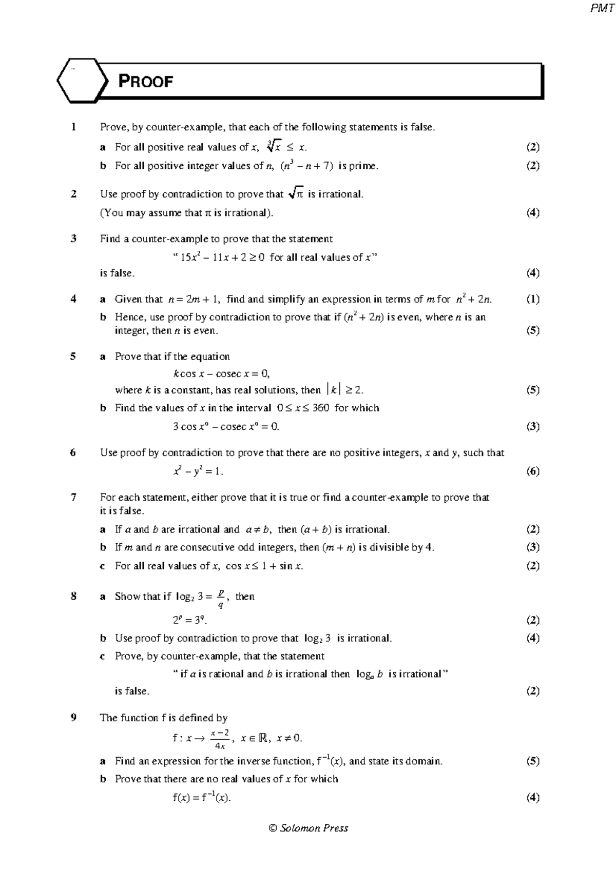 PMT PROOF 1: Mixed Exam-Style Questions on Proof Techniques - Studocu