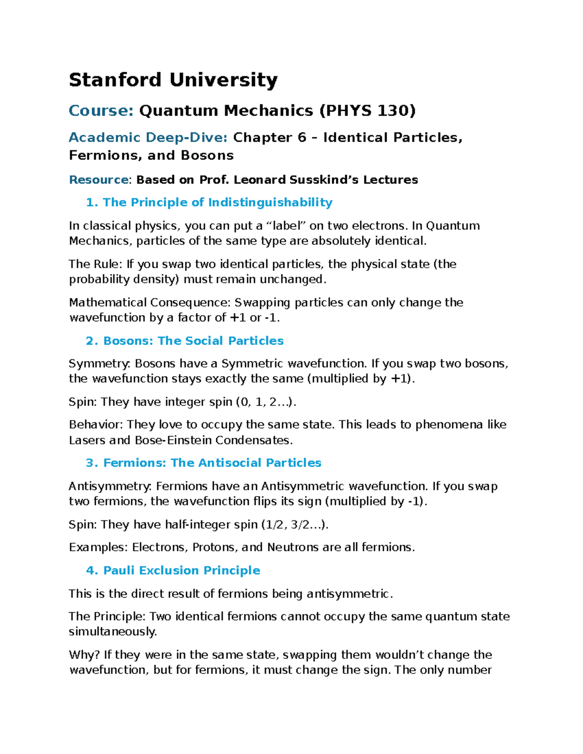 PHYS 130 Chapter 6: Identical Particles, Fermions & Bosons - Studocu