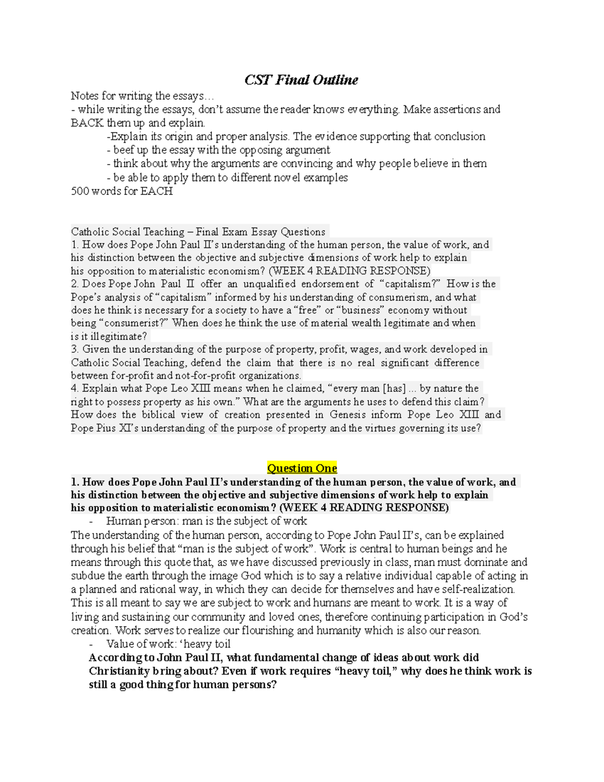CST 101 Final Exam Essay Notes: Insights on Work and Property - Studocu