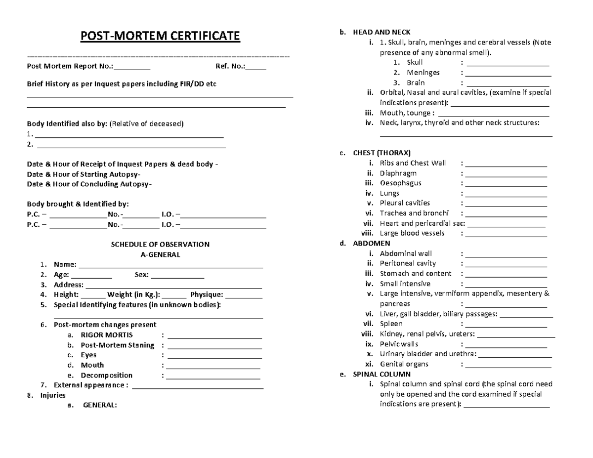 CERTIFICATE PM Report Writing Format: Inquest & Autopsy Details - Studocu