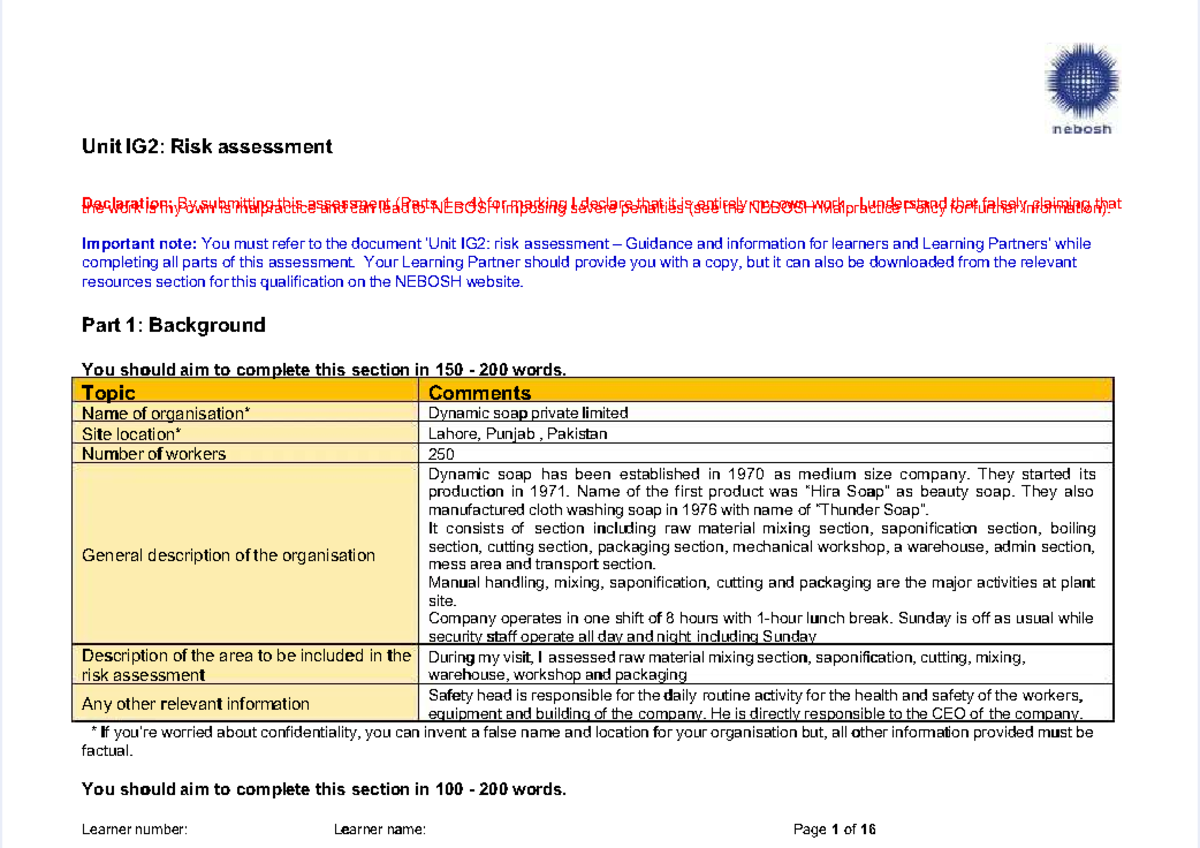 NEBOSH IG2: Risk Assessment Report for Dynamic Soap Pvt. Ltd. - Studocu