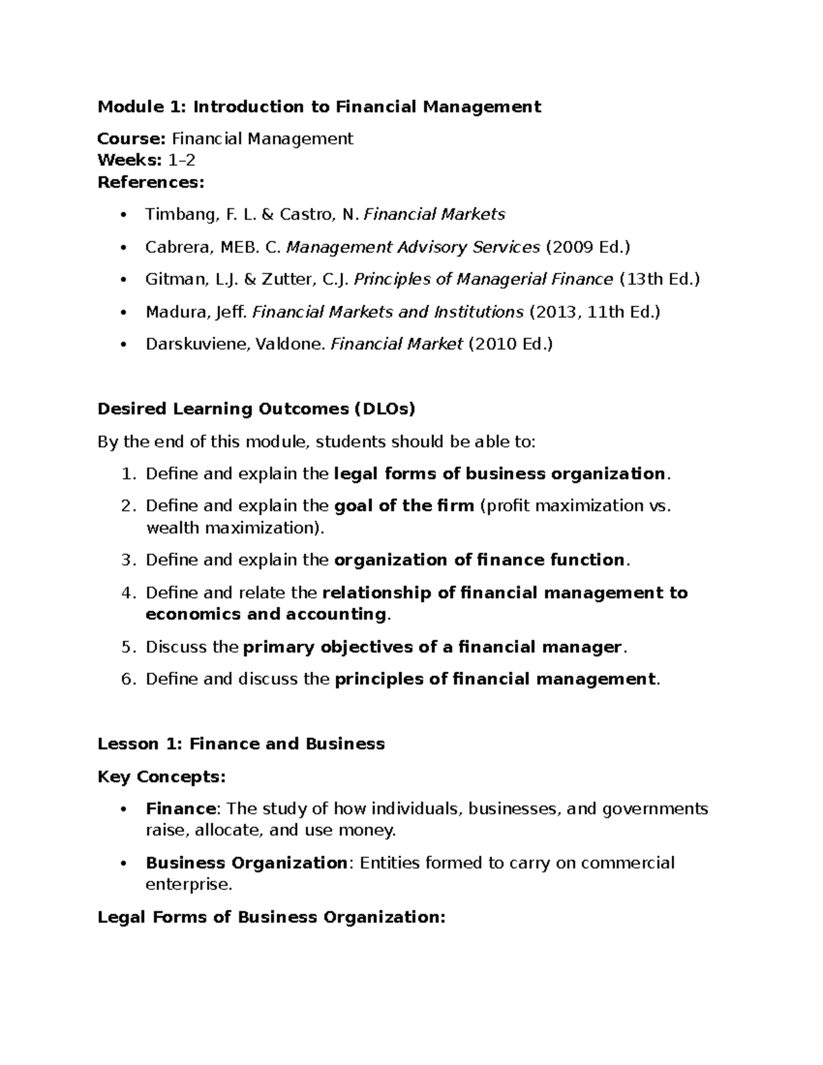 Financial Management Module 1: Key Concepts and Learning Outcomes - Studocu