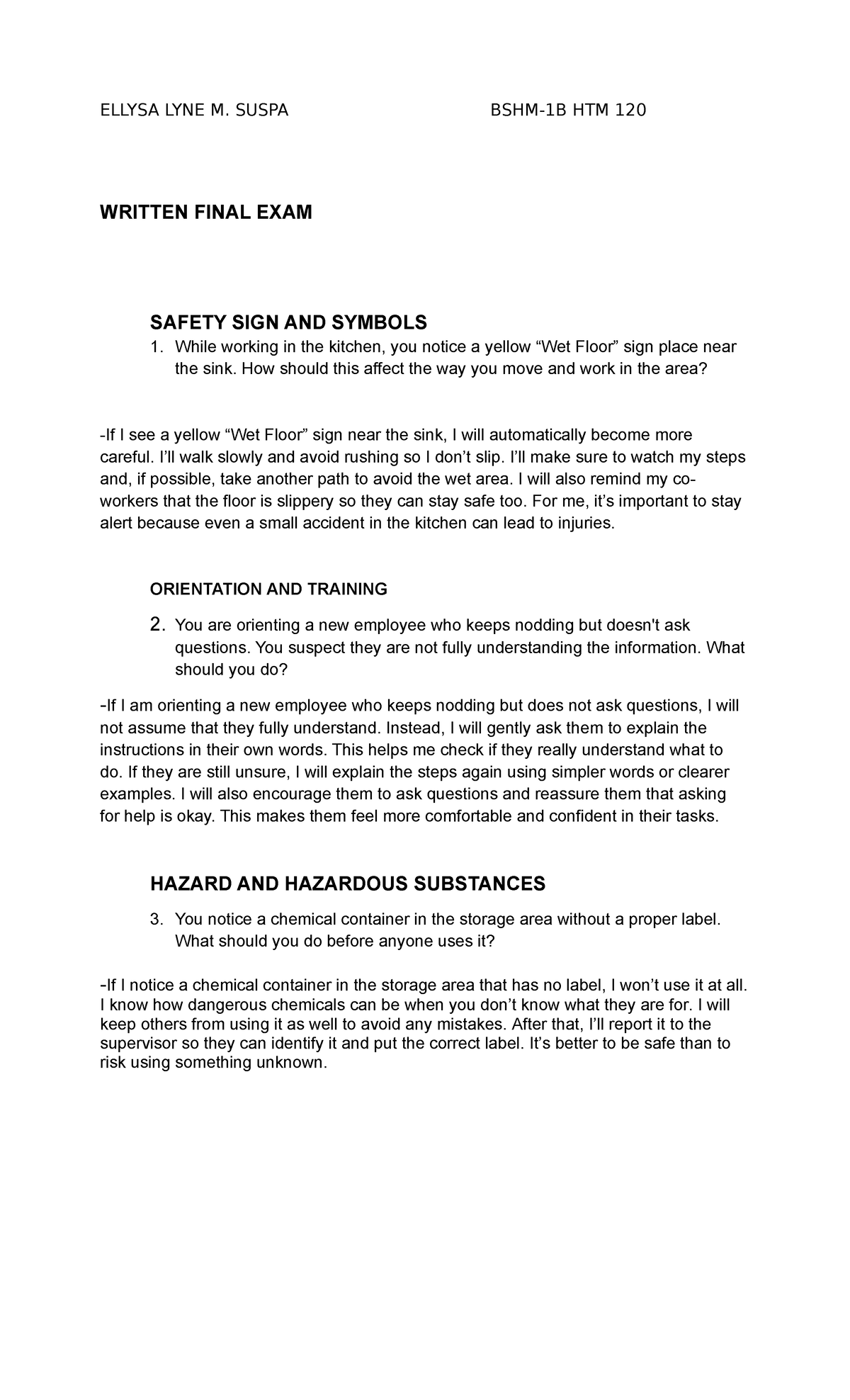HTM 120 Final Exam: Safety Signs, Orientation, and Hazards - Studocu