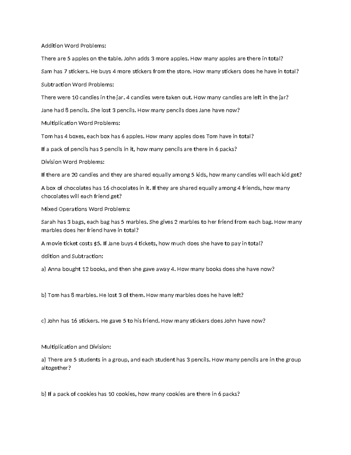 Math Word Problems Collection: Addition, Subtraction, Multiplication ...