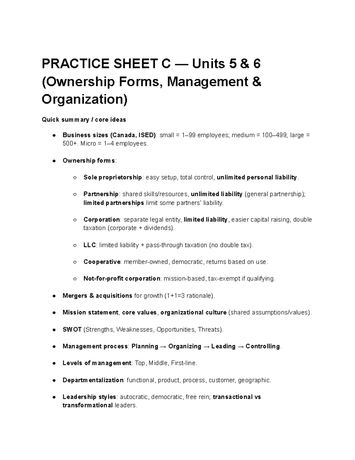 Practice Sheet C — Units 5 & 6 (Ownership Forms, Management & Org ...